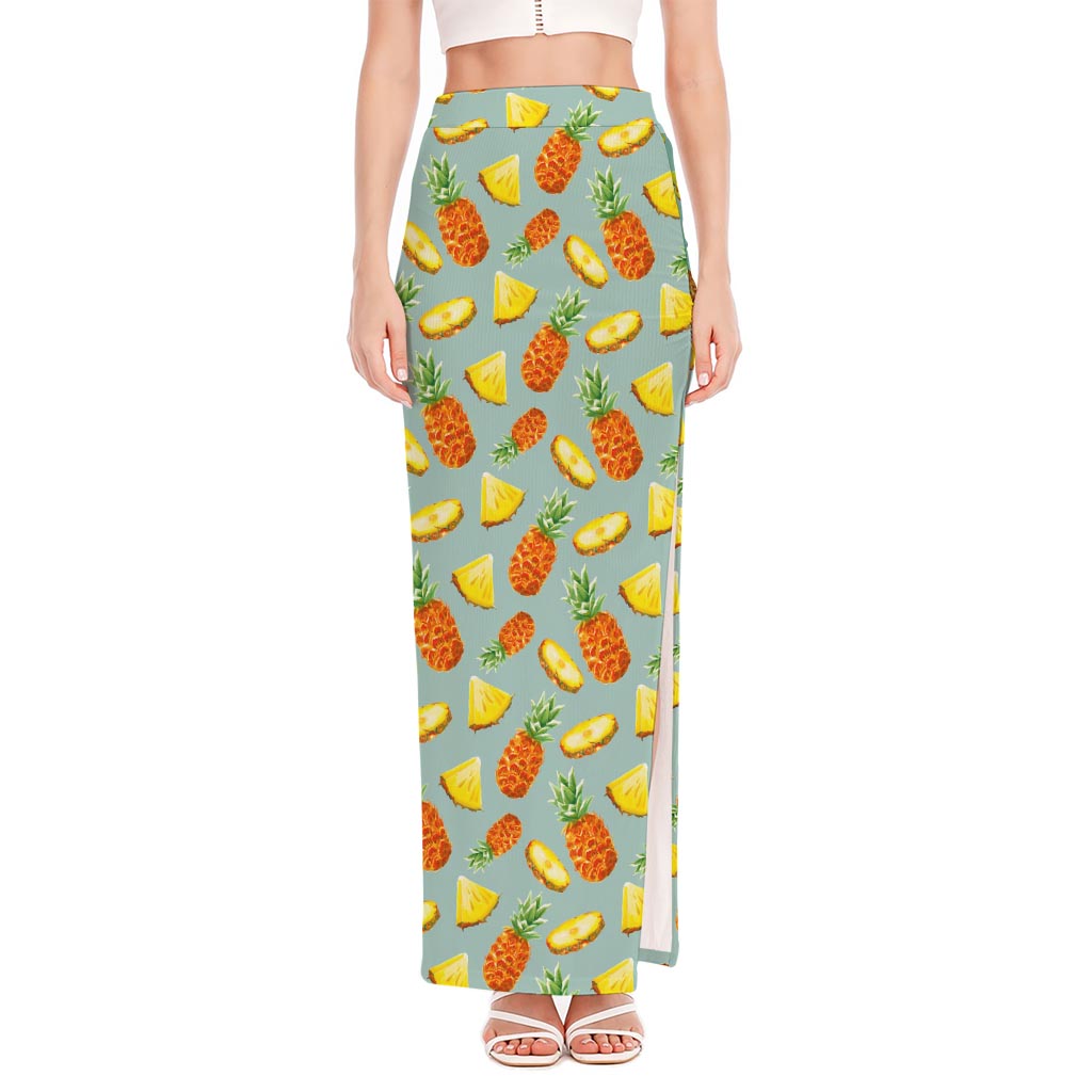 Watercolor Pineapple Pattern Print High Slit Maxi Skirt