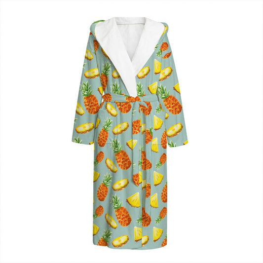 Watercolor Pineapple Pattern Print Hooded Bathrobe