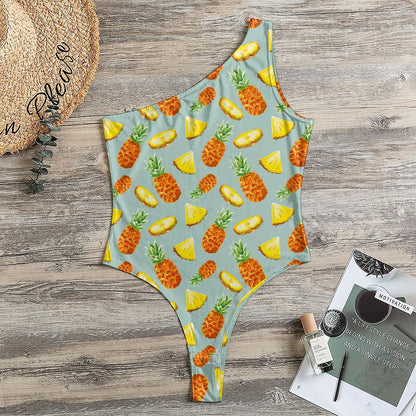 Watercolor Pineapple Pattern Print One Shoulder Bodysuit