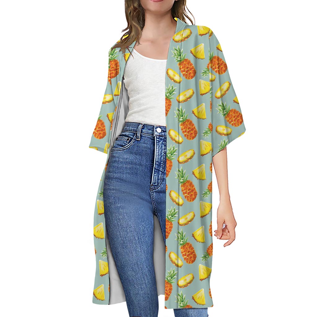 Watercolor Pineapple Pattern Print Open Front Beach Cover Up