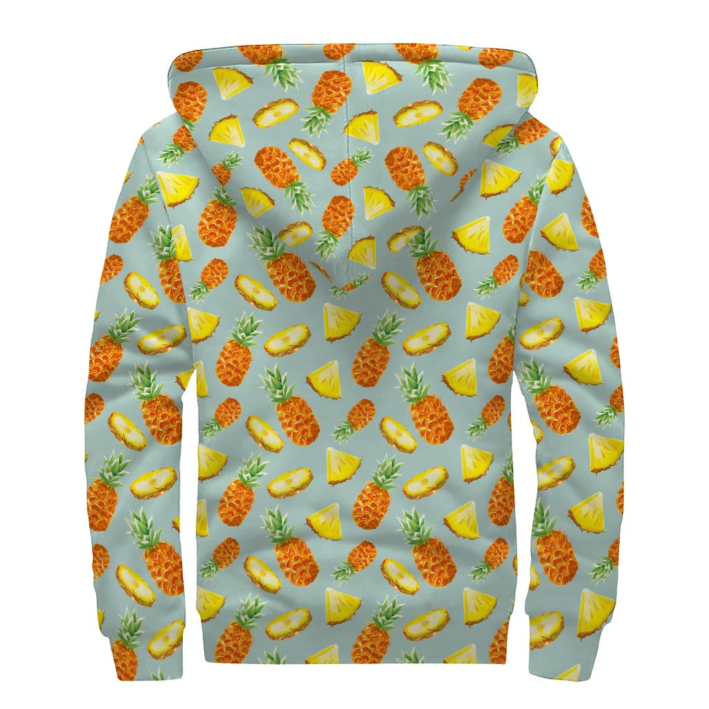 Watercolor Pineapple Pattern Print Sherpa Lined Zip Up Hoodie