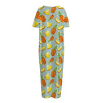 Watercolor Pineapple Pattern Print Short Sleeve Long Nightdress