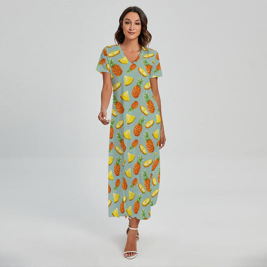 Watercolor Pineapple Pattern Print Short Sleeve Maxi Dress