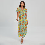 Watercolor Pineapple Pattern Print Short Sleeve Maxi Dress