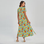 Watercolor Pineapple Pattern Print Short Sleeve Maxi Dress