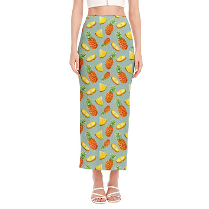 Watercolor Pineapple Pattern Print Side Slit Maxi Skirt