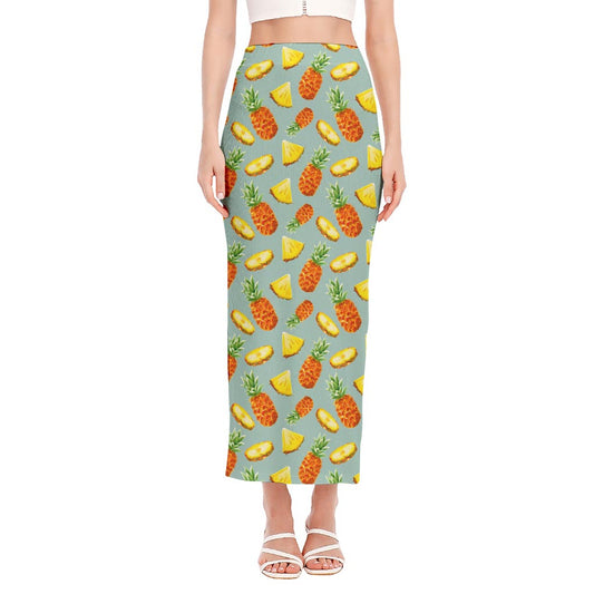 Watercolor Pineapple Pattern Print Side Slit Maxi Skirt