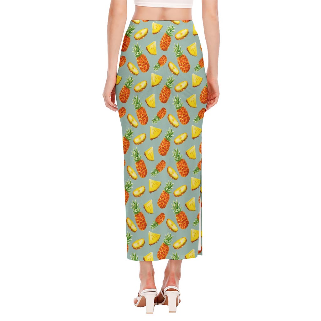 Watercolor Pineapple Pattern Print Side Slit Maxi Skirt