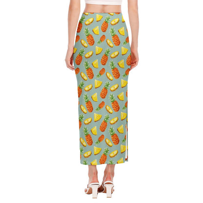 Watercolor Pineapple Pattern Print Side Slit Maxi Skirt