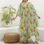 Watercolor Pineapple Pattern Print Silk V-Neck Kaftan Dress