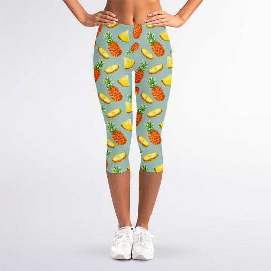 Watercolor Pineapple Pattern Print Women's Capri Leggings
