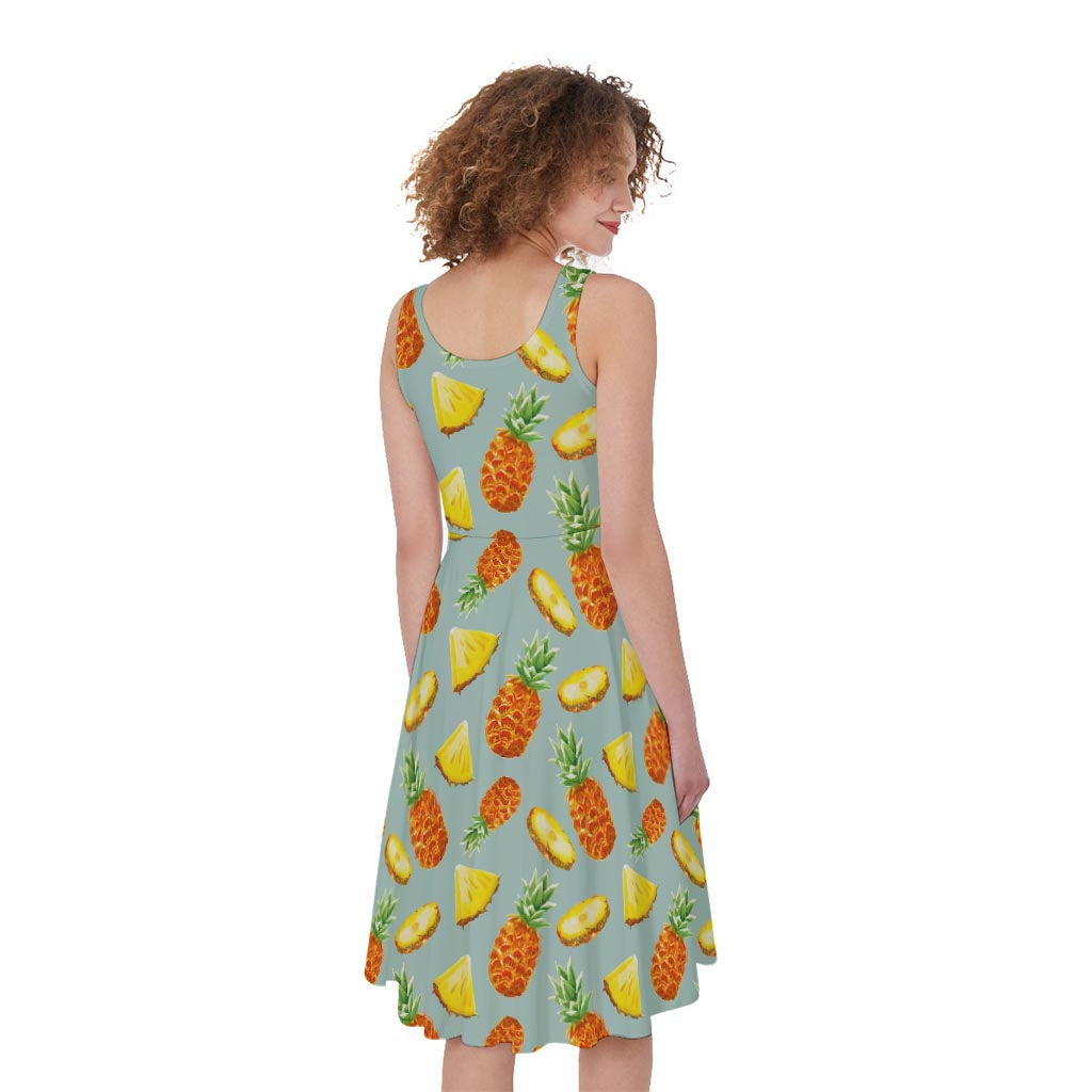 Watercolor Pineapple Pattern Print Women's Sleeveless Dress