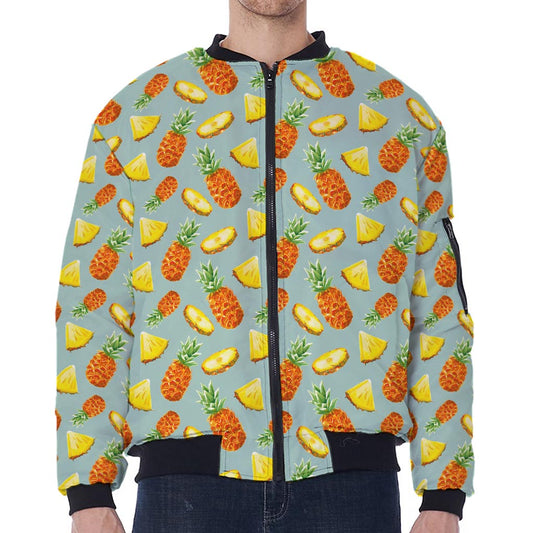 Watercolor Pineapple Pattern Print Zip Sleeve Bomber Jacket