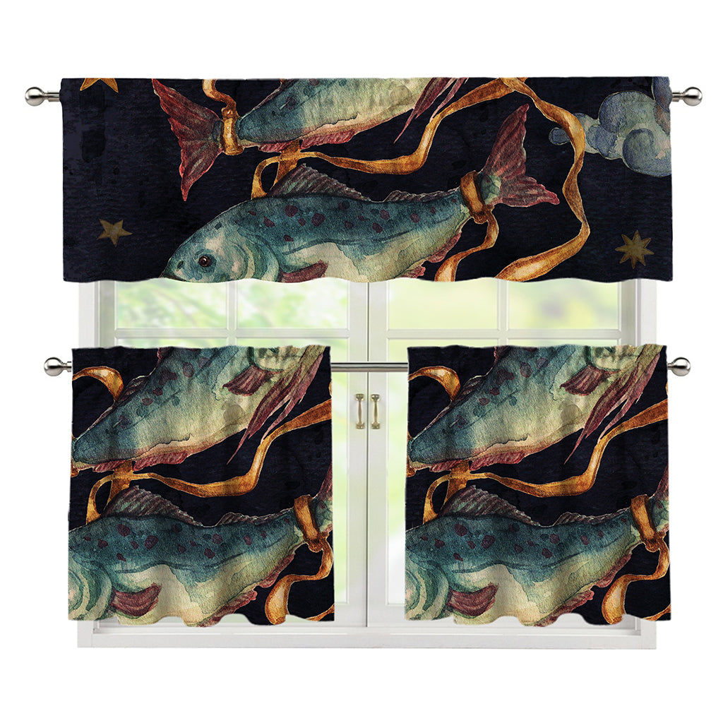 Watercolor Pisces Zodiac Sign Print 3 Piece Kitchen Curtains