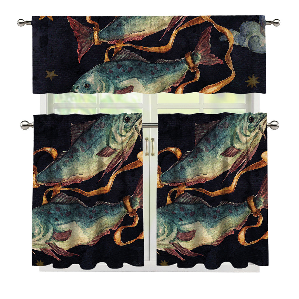 Watercolor Pisces Zodiac Sign Print 3 Piece Kitchen Curtains