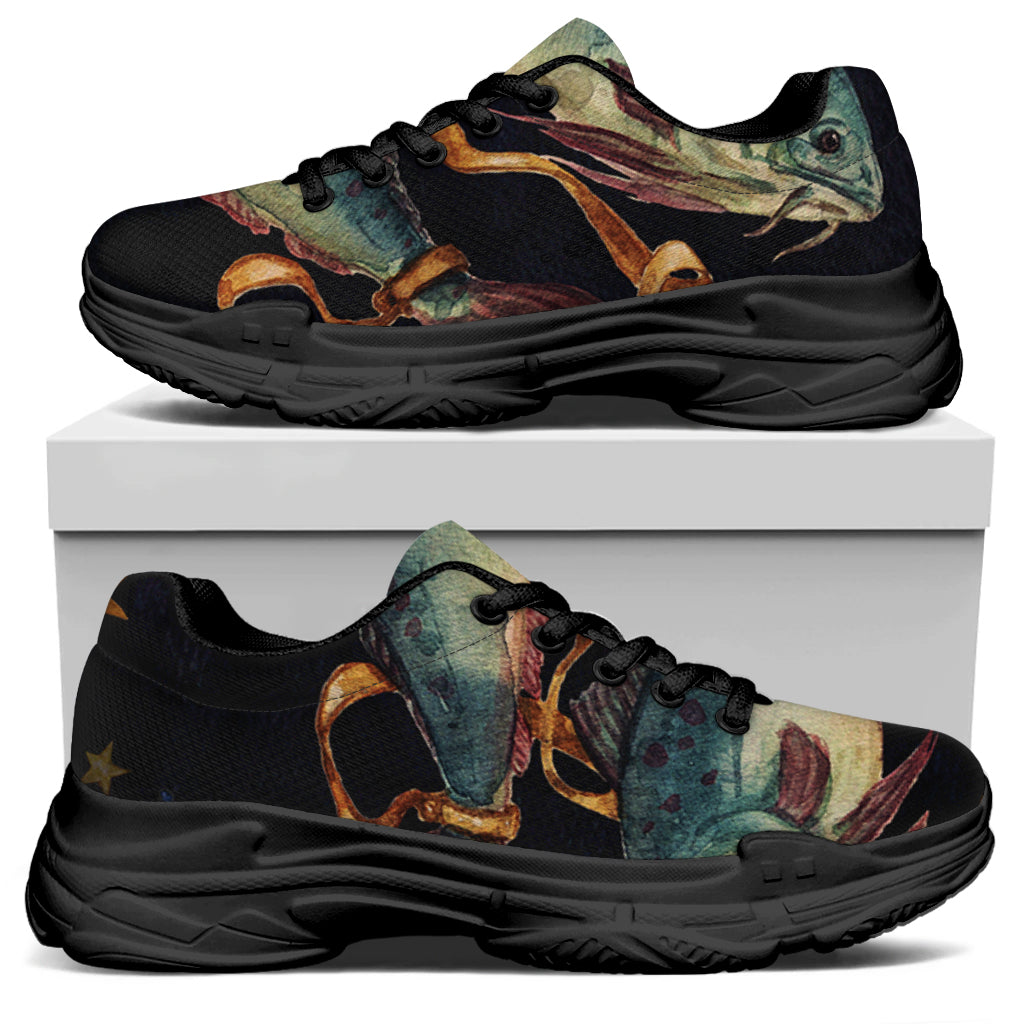 Watercolor Pisces Zodiac Sign Print Black Chunky Shoes