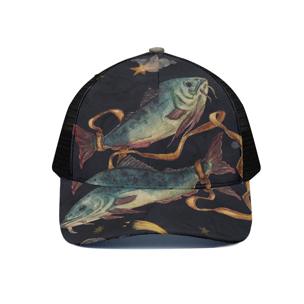 Watercolor Pisces Zodiac Sign Print Black Mesh Trucker Cap