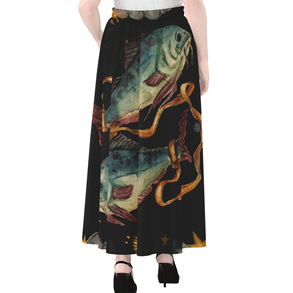 Watercolor Pisces Zodiac Sign Print Chiffon Maxi Skirt