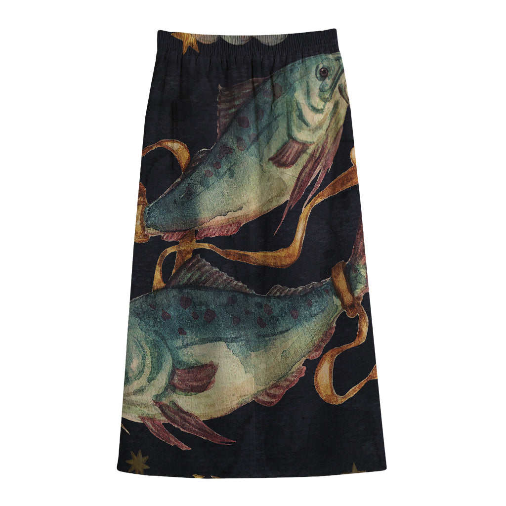 Watercolor Pisces Zodiac Sign Print Cotton Front Slit Maxi Skirt