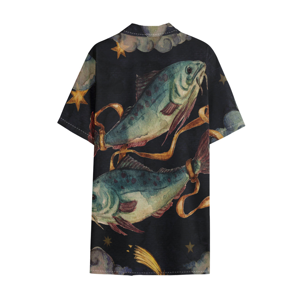 Watercolor Pisces Zodiac Sign Print Cotton Hawaiian Shirt