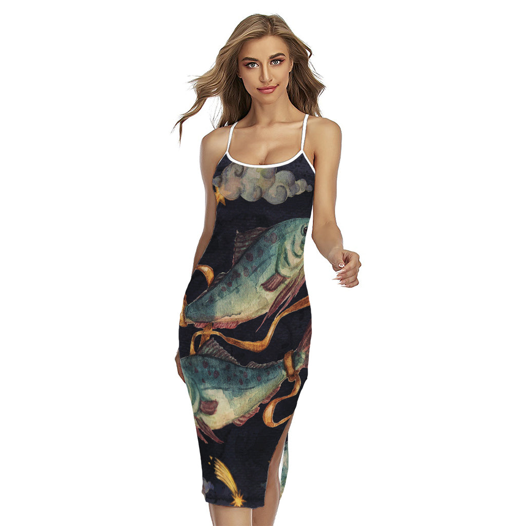 Watercolor Pisces Zodiac Sign Print Cross Back Cami Dress