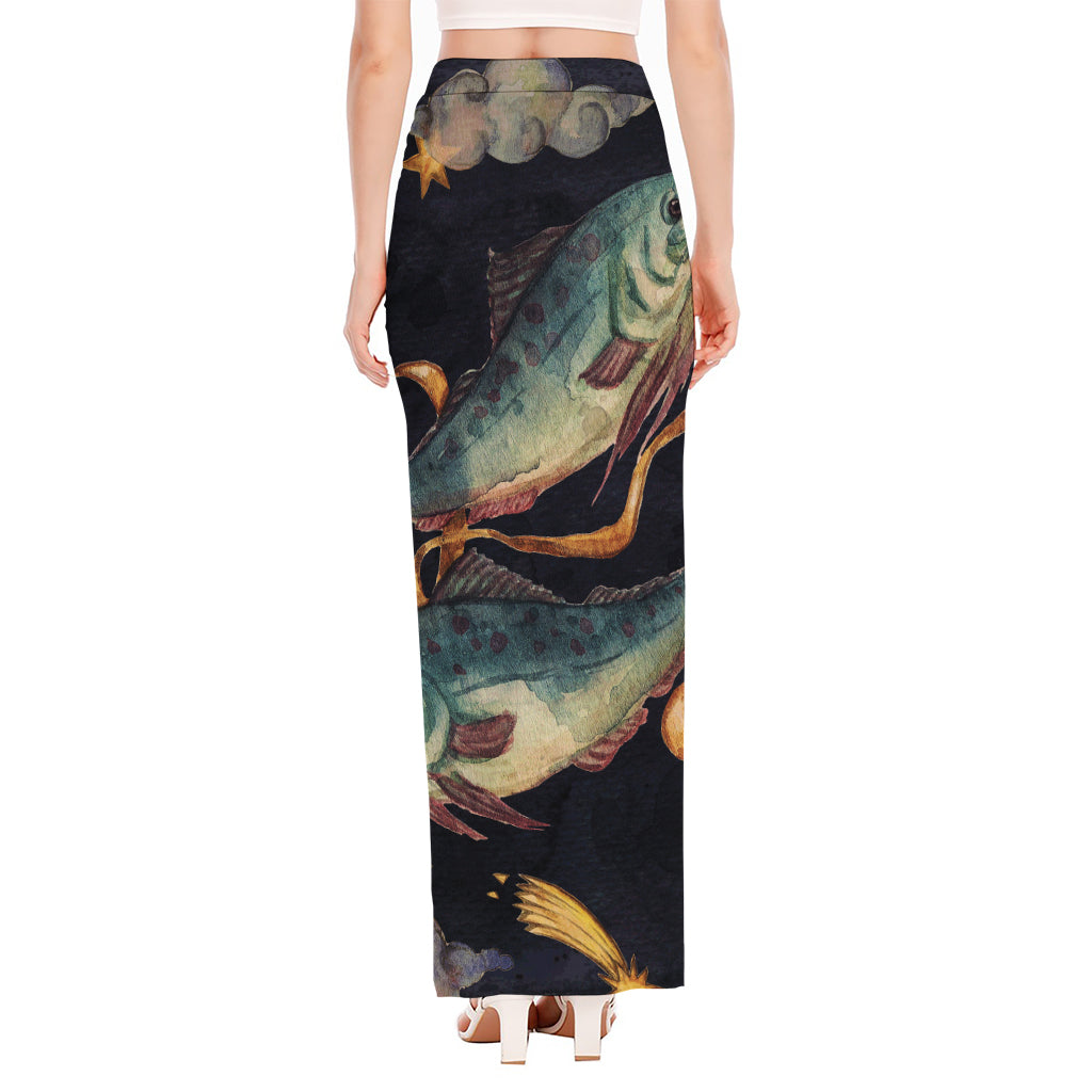 Watercolor Pisces Zodiac Sign Print High Slit Maxi Skirt