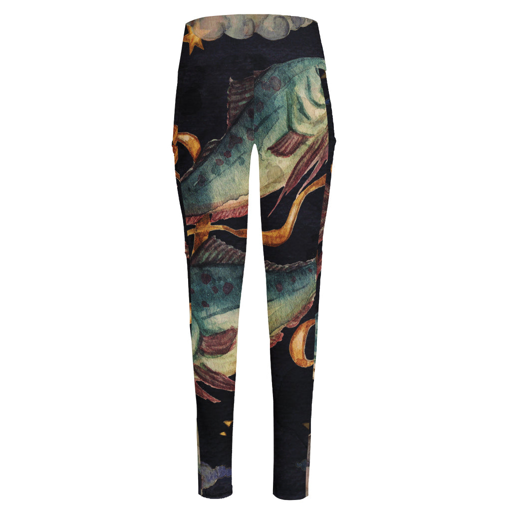 Watercolor Pisces Zodiac Sign Print High-Waisted Pocket Leggings