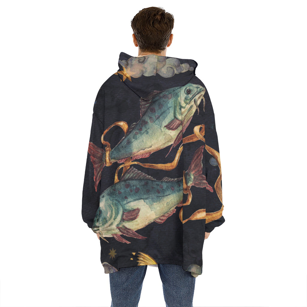 Watercolor Pisces Zodiac Sign Print Hoodie Blanket
