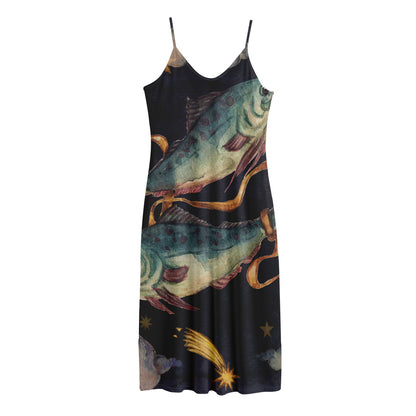 Watercolor Pisces Zodiac Sign Print Jersey Midi Cami Dress