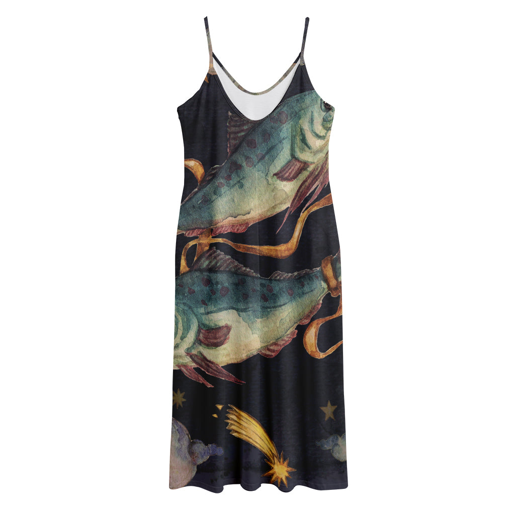 Watercolor Pisces Zodiac Sign Print Jersey Midi Cami Dress