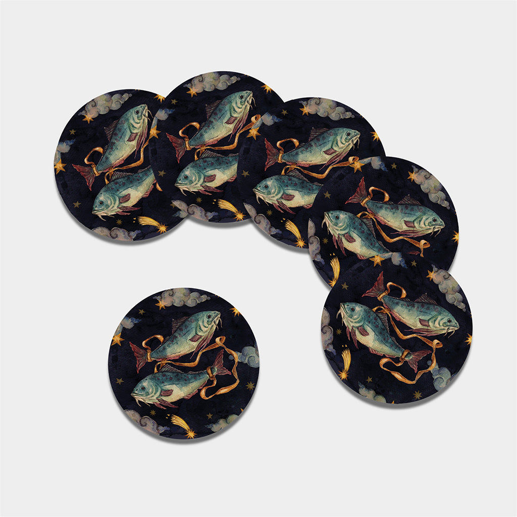 Watercolor Pisces Zodiac Sign Print Leather Coaster Set