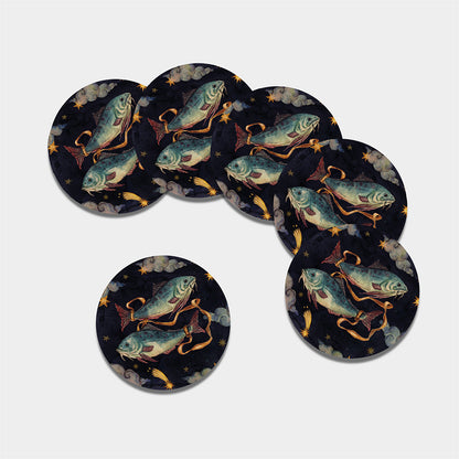Watercolor Pisces Zodiac Sign Print Leather Coaster Set