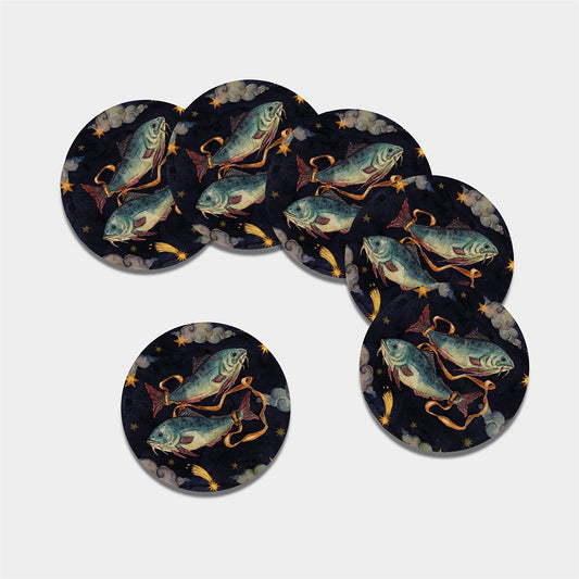 Watercolor Pisces Zodiac Sign Print Leather Coaster Set