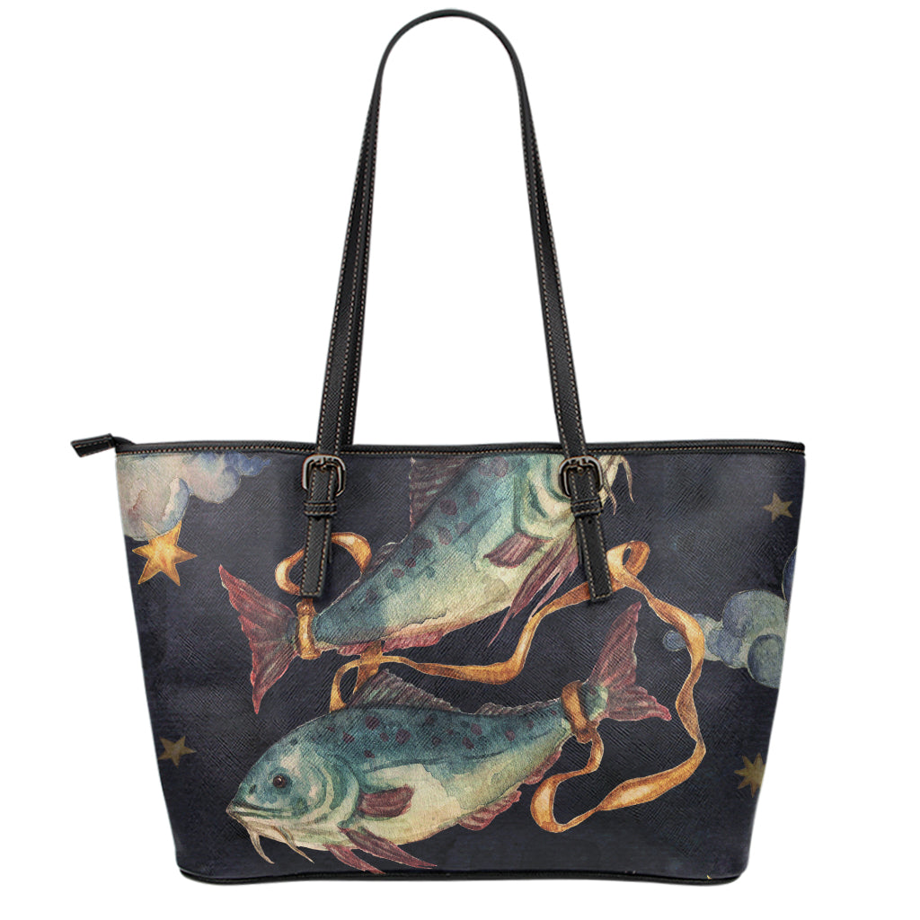 Watercolor Pisces Zodiac Sign Print Leather Tote Bag