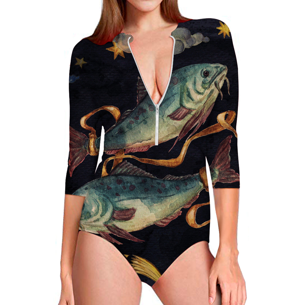 Watercolor Pisces Zodiac Sign Print Long Sleeve Swimsuit