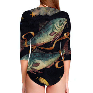 Watercolor Pisces Zodiac Sign Print Long Sleeve Swimsuit