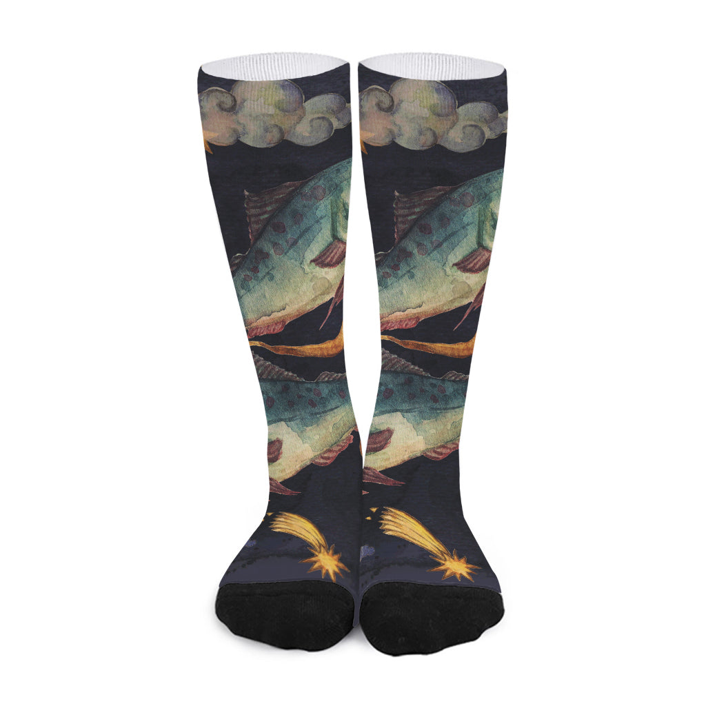 Watercolor Pisces Zodiac Sign Print Long Socks