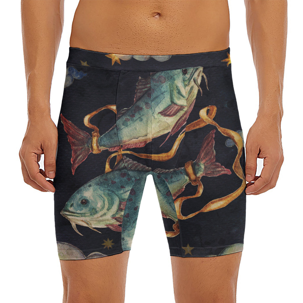 Watercolor Pisces Zodiac Sign Print Men's Long Boxer Briefs