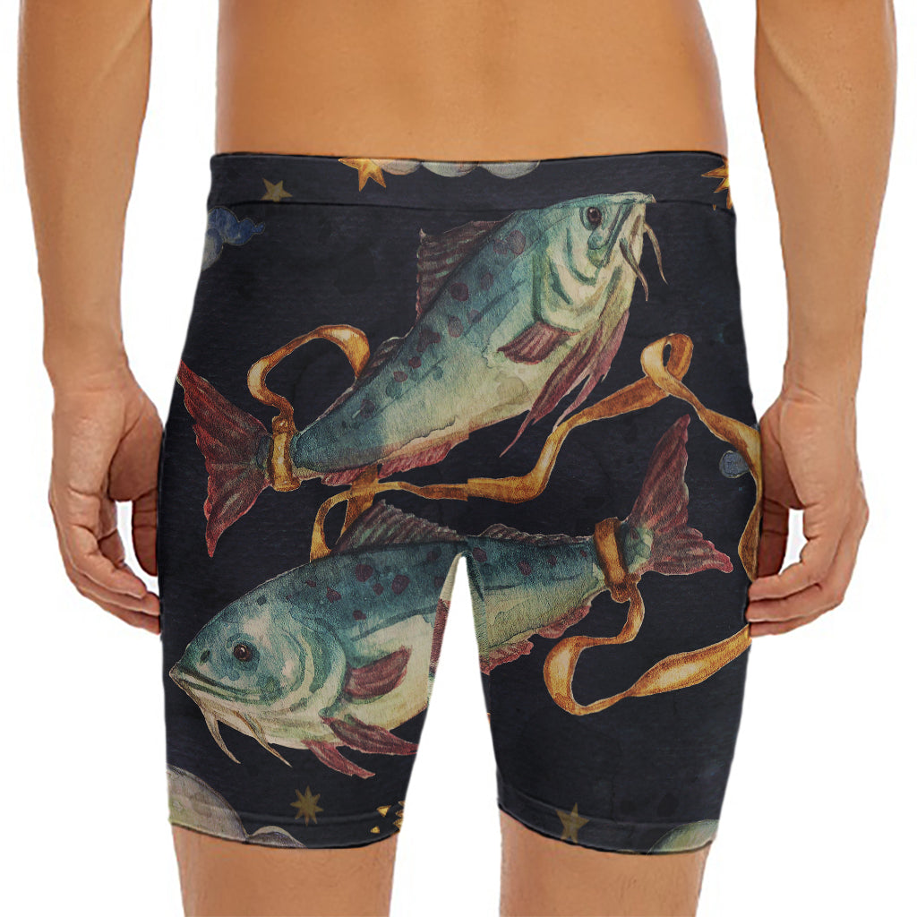 Watercolor Pisces Zodiac Sign Print Men's Long Boxer Briefs