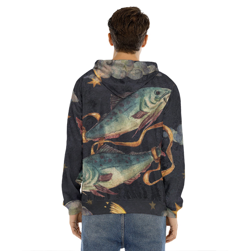 Watercolor Pisces Zodiac Sign Print Men's Velvet Pullover Hoodie