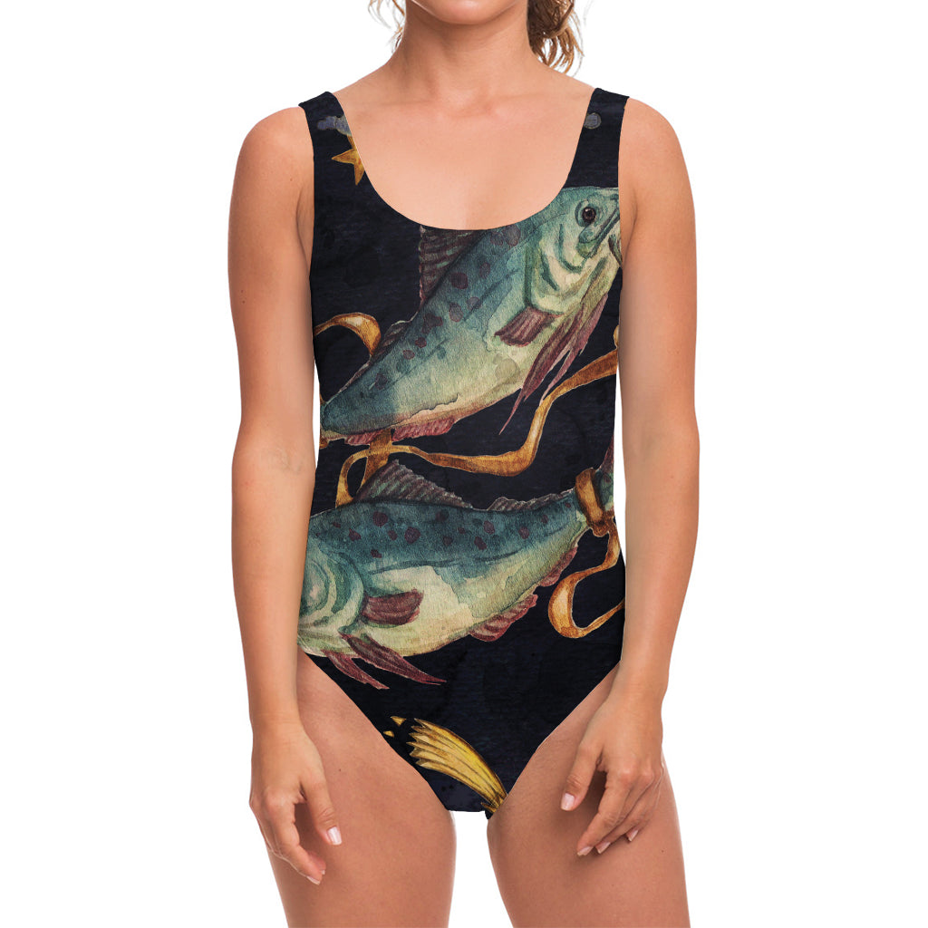 Watercolor Pisces Zodiac Sign Print One Piece Swimsuit