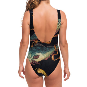 Watercolor Pisces Zodiac Sign Print One Piece Swimsuit