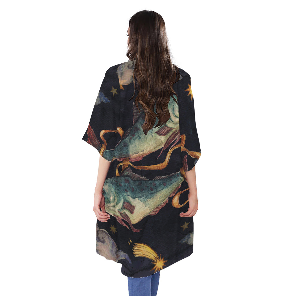 Watercolor Pisces Zodiac Sign Print Open Front Beach Cover Up