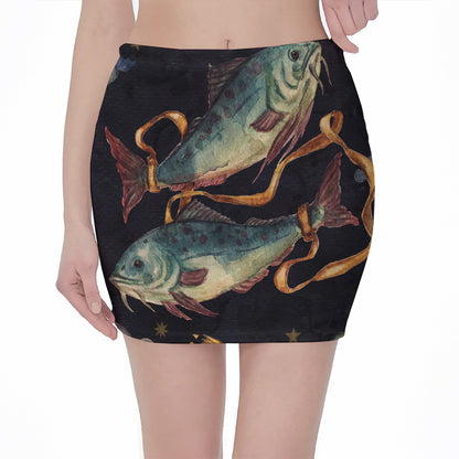 Watercolor Pisces Zodiac Sign Print Pencil Mini Skirt
