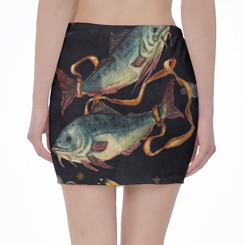 Watercolor Pisces Zodiac Sign Print Pencil Mini Skirt