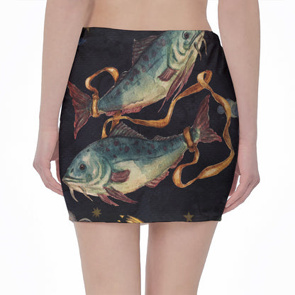 Watercolor Pisces Zodiac Sign Print Pencil Mini Skirt