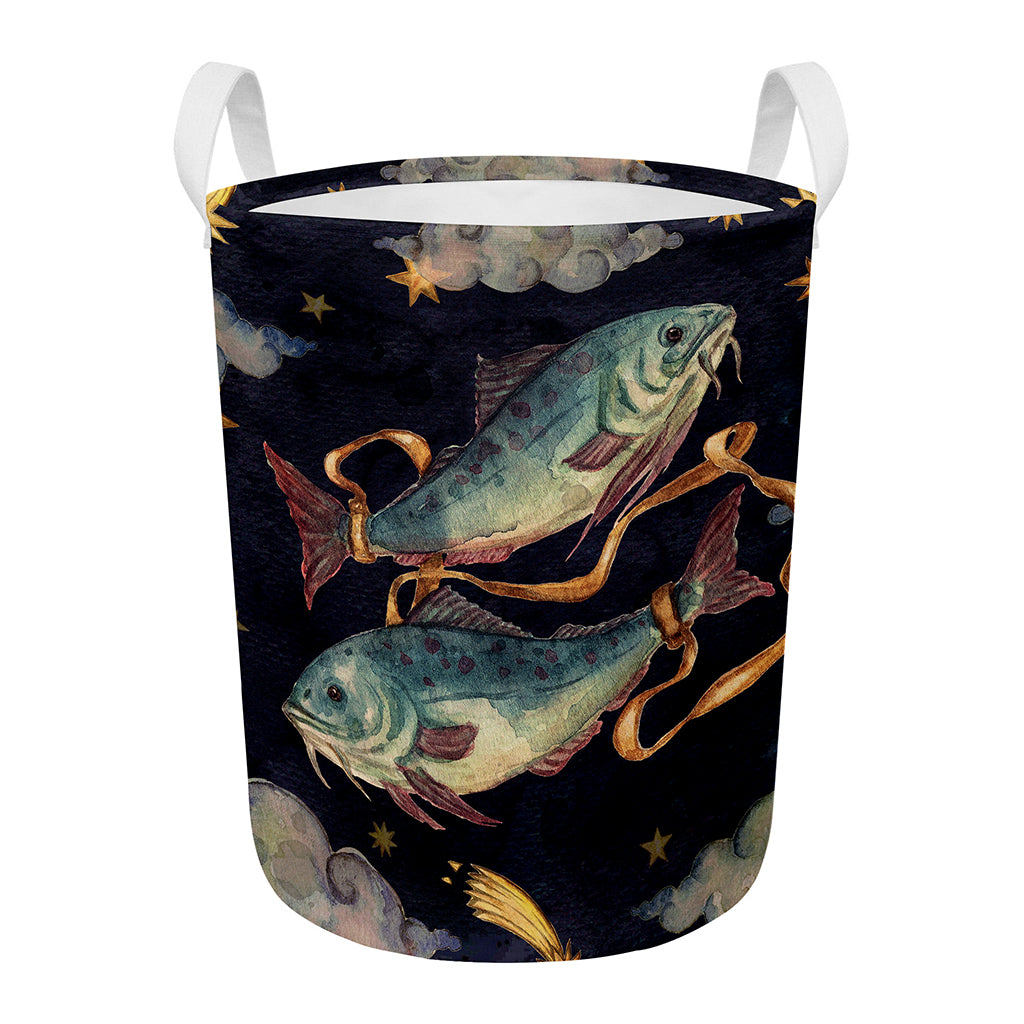 Watercolor Pisces Zodiac Sign Print Round Laundry Basket