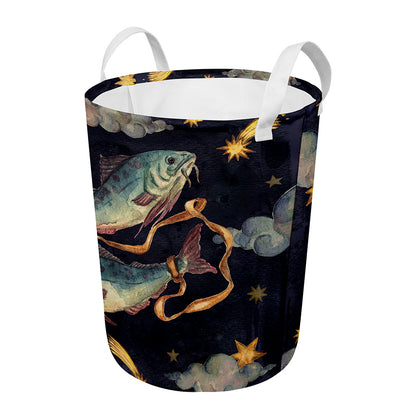 Watercolor Pisces Zodiac Sign Print Round Laundry Basket