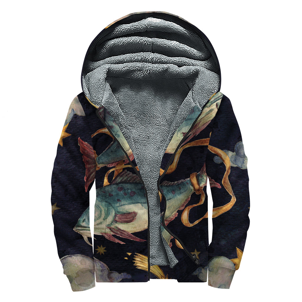 Watercolor Pisces Zodiac Sign Print Sherpa Lined Zip Up Hoodie