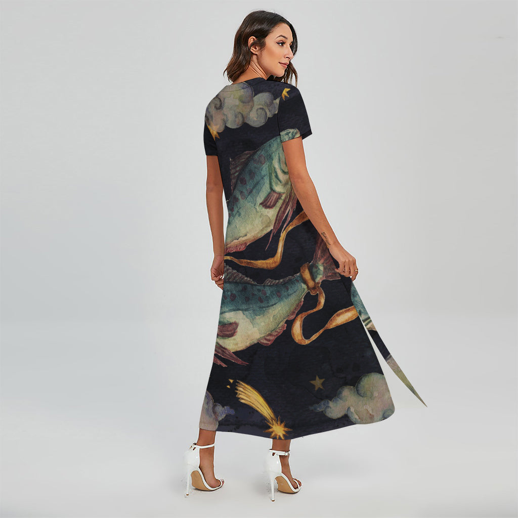 Watercolor Pisces Zodiac Sign Print Short Sleeve Maxi Dress